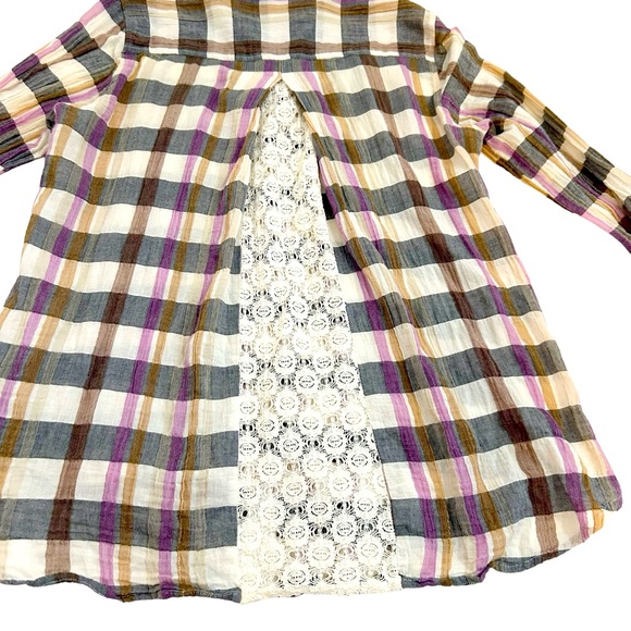 Anthropologie Isabella Sinclair Plaid Lace Insert Multicolor Button Down Shirt S - Picture 6 of 14